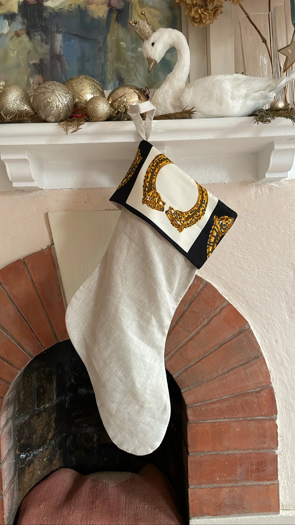 Irish Linen & Vintage Cartier Silk Trim Santa Stocking