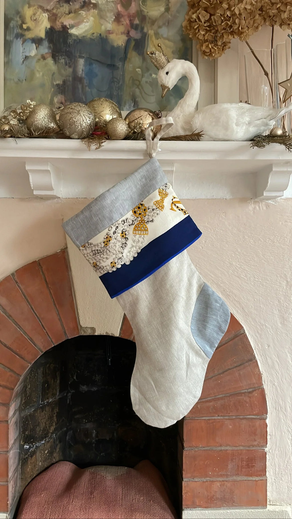 Irish Linen & Vintage Cartier Silk Trim Santa Stocking
