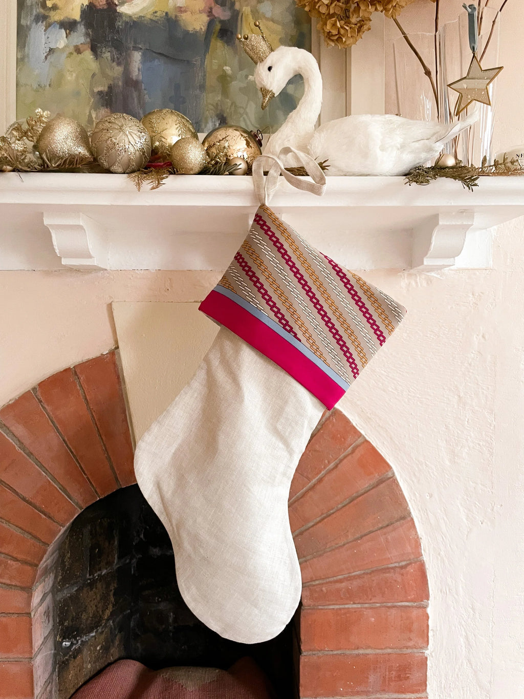 Irish Linen & Vintage Cartier Silk Trim Santa Stocking