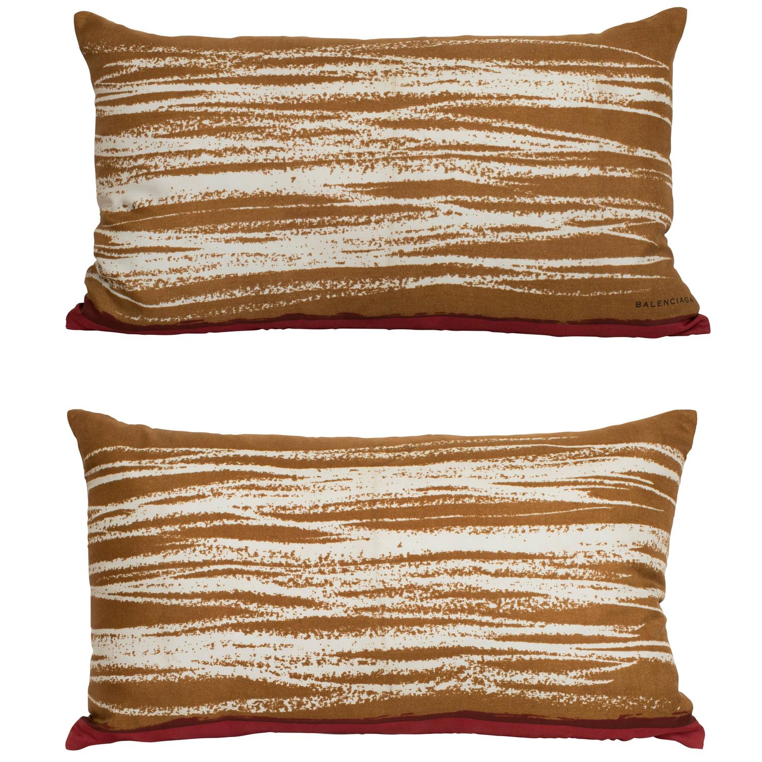 Pair of Vintage Silk Scarf & Irish Linen Cushions Brown Grey